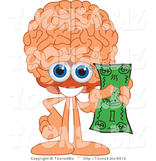 Vector Illustration of a Cartoon Human Brain Mascot Holding Cash