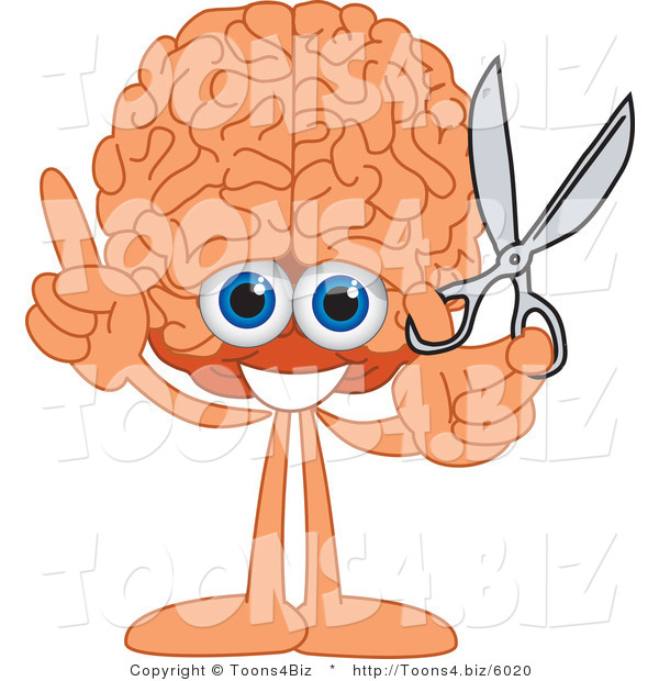 Vector Illustration of a Cartoon Human Brain Mascot Holding Scissors