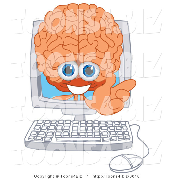 Vector Illustration of a Cartoon Human Brain Mascot in a Computer Screen
