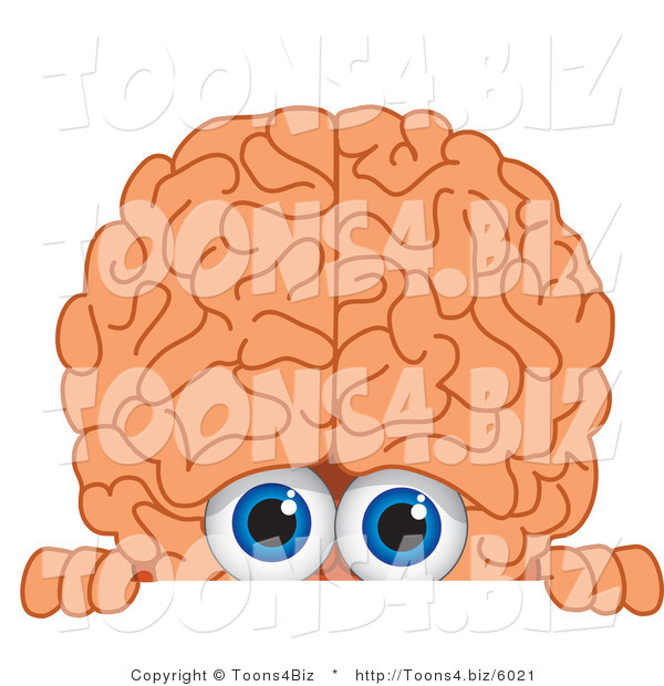 Vector Illustration of a Cartoon Human Brain Mascot Looking over a Blank Sign