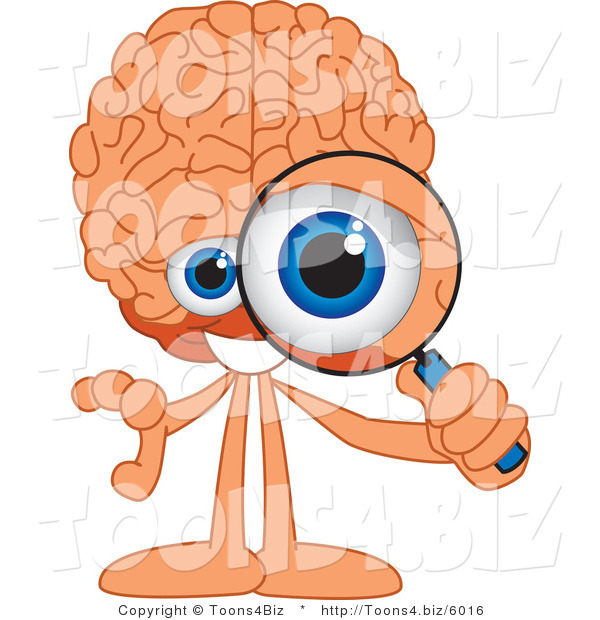 Vector Illustration of a Cartoon Human Brain Mascot Looking Through a Magnifying Glass