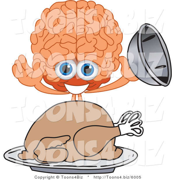 Vector Illustration of a Cartoon Human Brain Mascot Serving a Thanksgiving Turkey