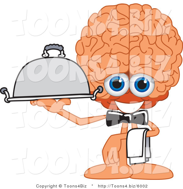 Vector Illustration of a Cartoon Human Brain Mascot Waiter Serving