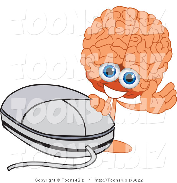 Vector Illustration of a Cartoon Human Brain Mascot Waving by a Computer Mouse