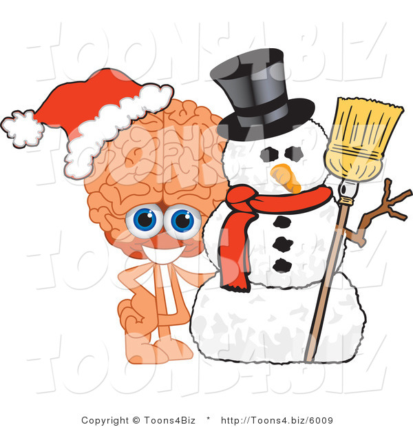 Vector Illustration of a Cartoon Human Brain Mascot with a Christmas Snowman