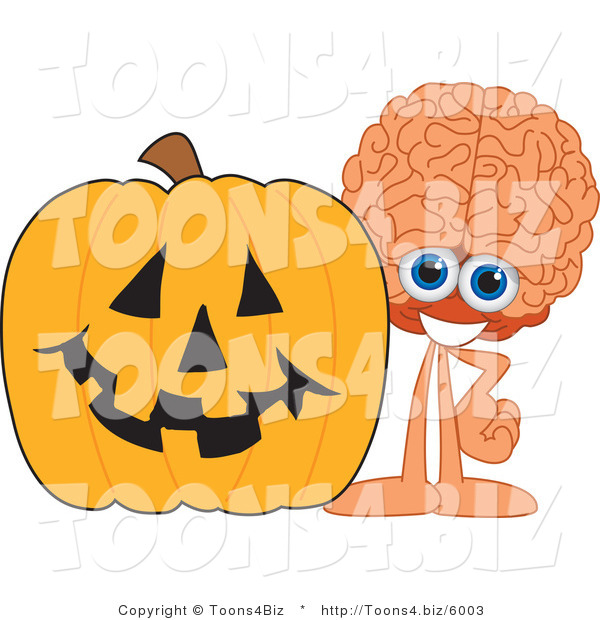 Vector Illustration of a Cartoon Human Brain Mascot with a Halloween Pumpkin