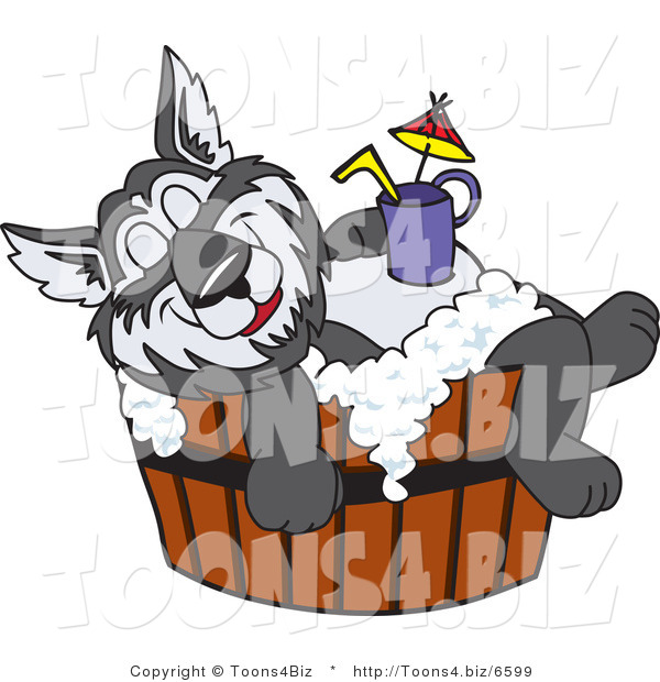 Vector Illustration of a Cartoon Husky Mascot Bathing in a Barrel with a Drink on His Belly