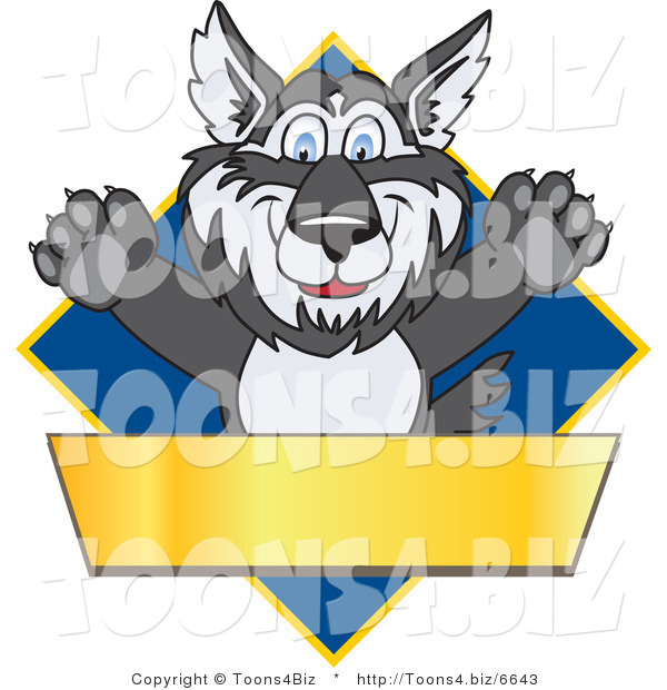 Vector Illustration of a Cartoon Husky Mascot Logo over a Blue Diamond with a Blank Gold Banner