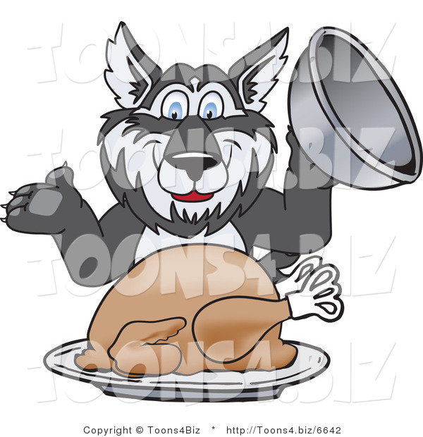 Vector Illustration of a Cartoon Husky Mascot Serving a Thanksgiving Turkey