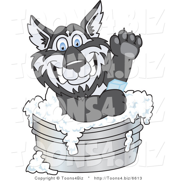 Vector Illustration of a Cartoon Husky Mascot Using Soap in a Metal Tub