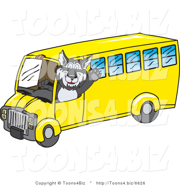 Vector Illustration of a Cartoon Husky Mascot Waving and Driving a School Bus