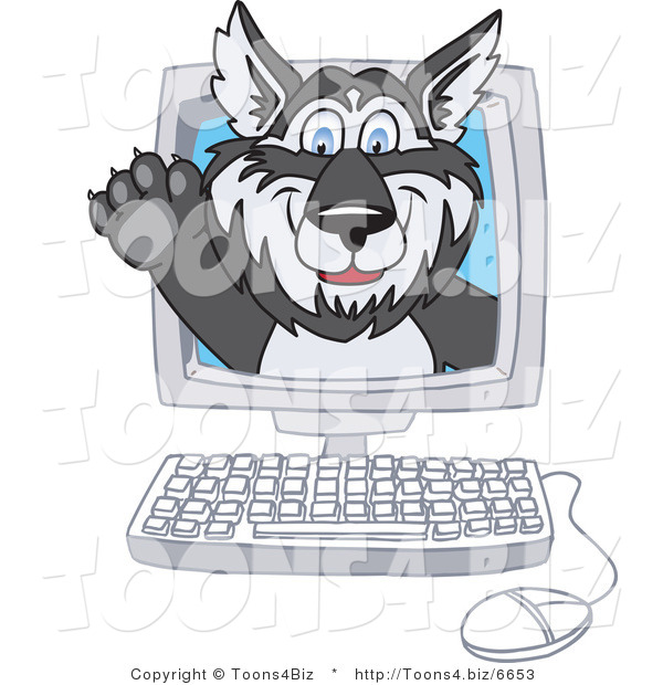 Vector Illustration of a Cartoon Husky Mascot Waving on a Computer Screen