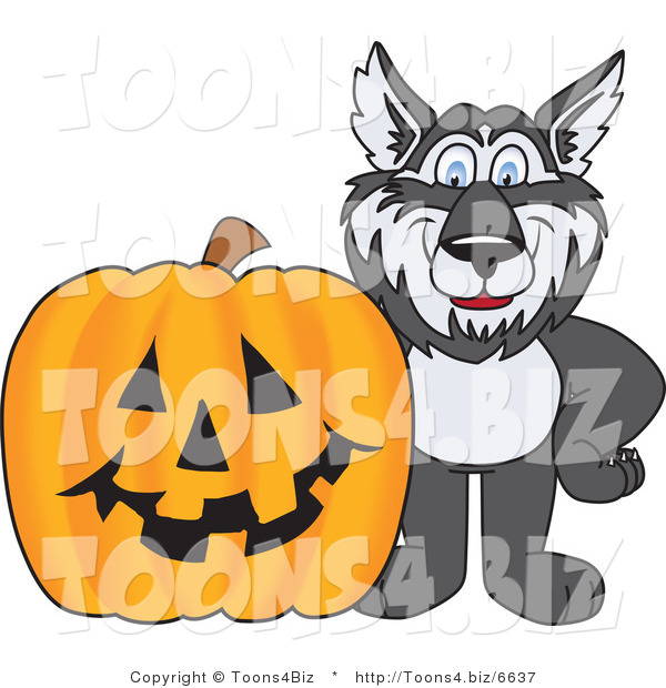 Vector Illustration of a Cartoon Husky Mascot with a Halloween Pumpkin
