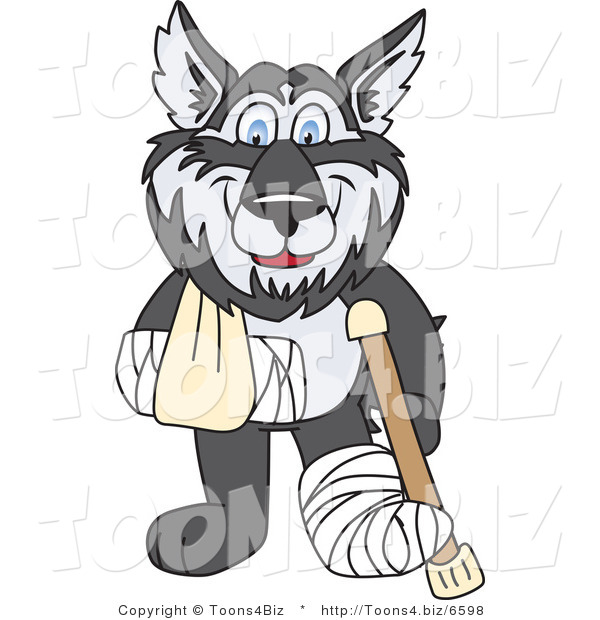 Vector Illustration of a Cartoon Husky Mascot with a Sling, Cast and Crutch