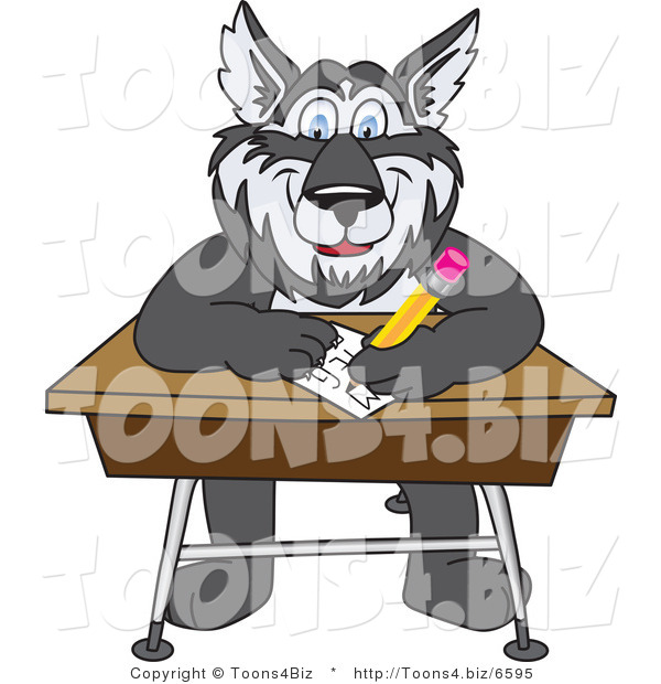 Vector Illustration of a Cartoon Husky Mascot Writing on a School Desk