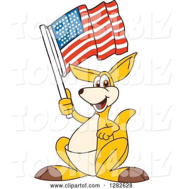 Vector Illustration of a Cartoon Kangaroo Mascot Holding an American Flag