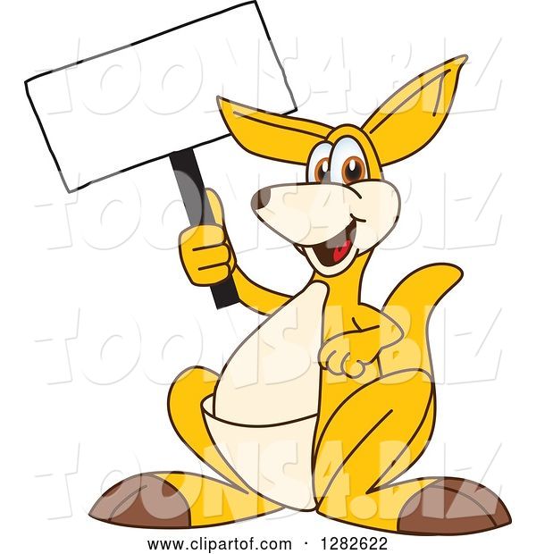 Vector Illustration of a Cartoon Kangaroo Mascot Holding up a Blank Sign