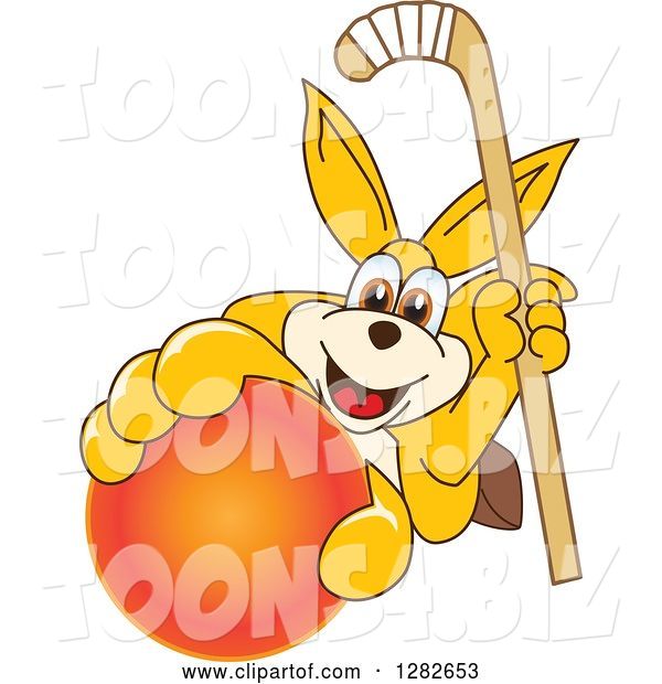 Vector Illustration of a Cartoon Kangaroo Mascot Holding up a Field Hockey Stick and Ball