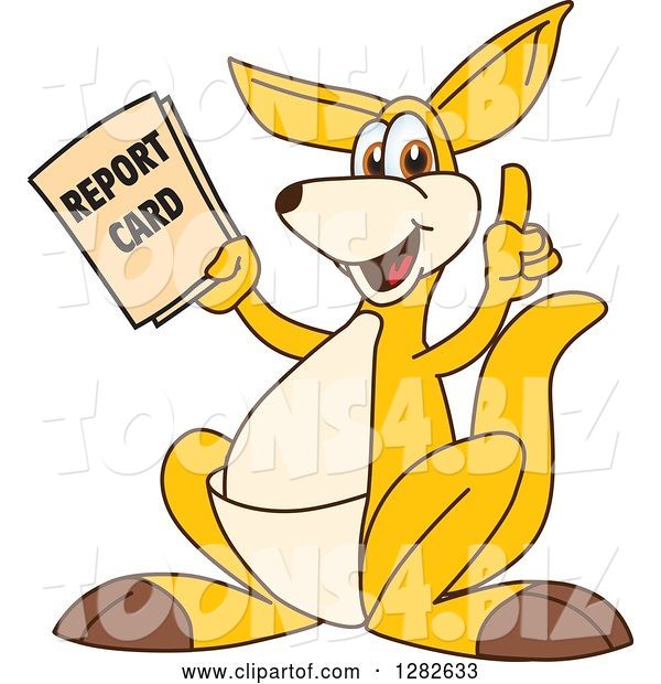 Vector Illustration of a Cartoon Kangaroo Mascot Holding up a Finger and Report Card