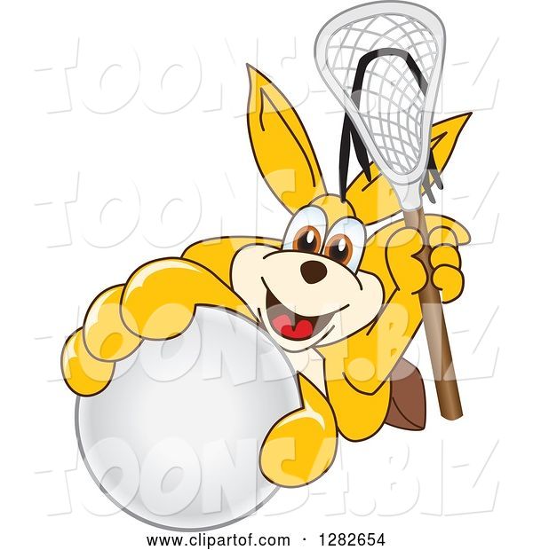 Vector Illustration of a Cartoon Kangaroo Mascot Holding up a Lacrosse Ball and Stick