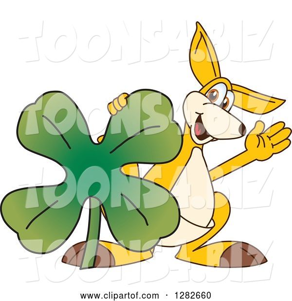 Vector Illustration of a Cartoon Kangaroo Mascot Leaning on a St Patricks Day Four Leaf Clover Shamrock