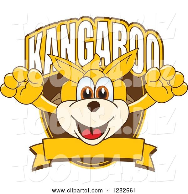 Vector Illustration of a Cartoon Kangaroo Mascot Leaping out from a Shield over a Blank Banner