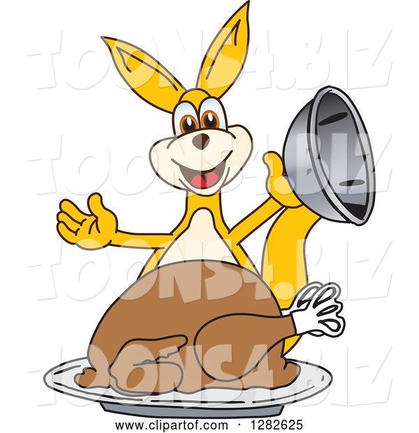 Vector Illustration of a Cartoon Kangaroo Mascot Serving a Roasted Thanksgiving Turkey