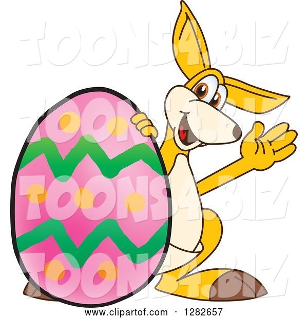 Vector Illustration of a Cartoon Kangaroo Mascot Waving by a Giant Easter Egg
