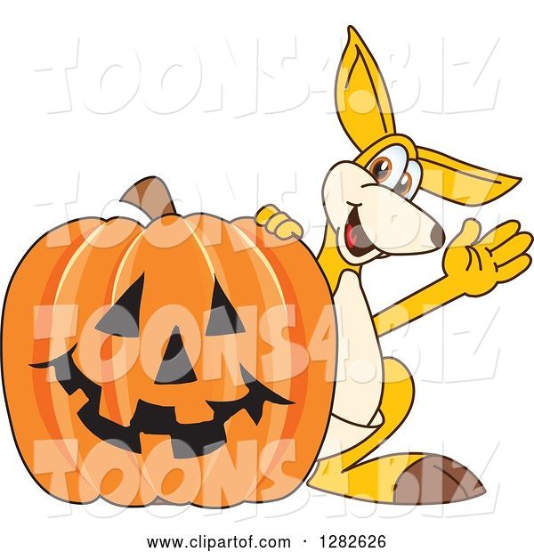 Vector Illustration of a Cartoon Kangaroo Mascot Waving by a Halloween Jackolantern Pumpkin