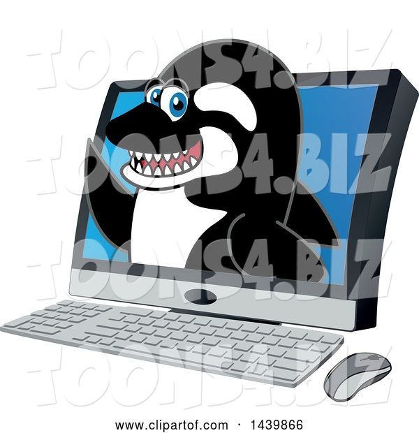 Vector Illustration of a Cartoon Killer Whale Orca Mascot Emerging from a Computer Screen
