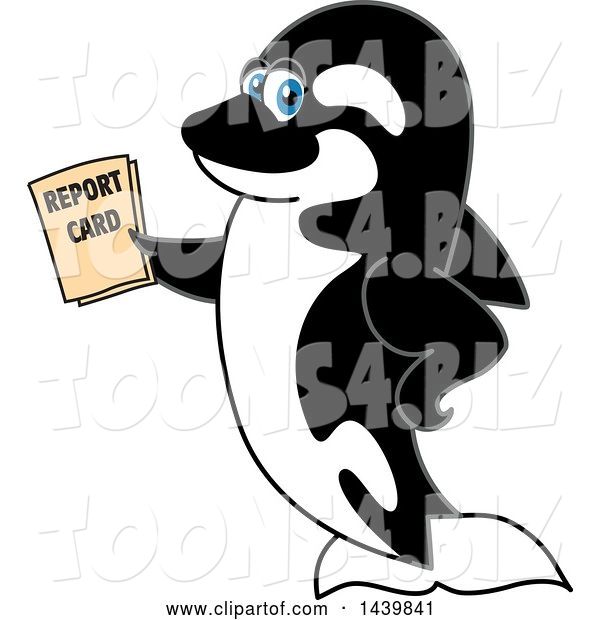 Vector Illustration of a Cartoon Killer Whale Orca Mascot Holding a Report Card