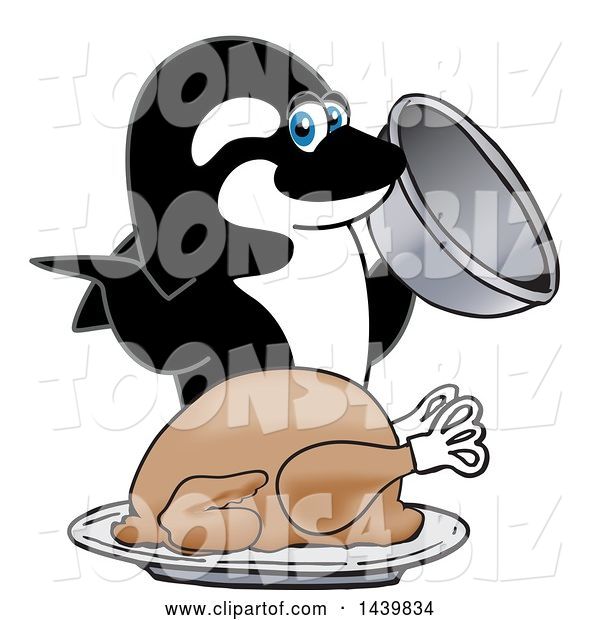 Vector Illustration of a Cartoon Killer Whale Orca Mascot Serving a Thanksgiving Turkey