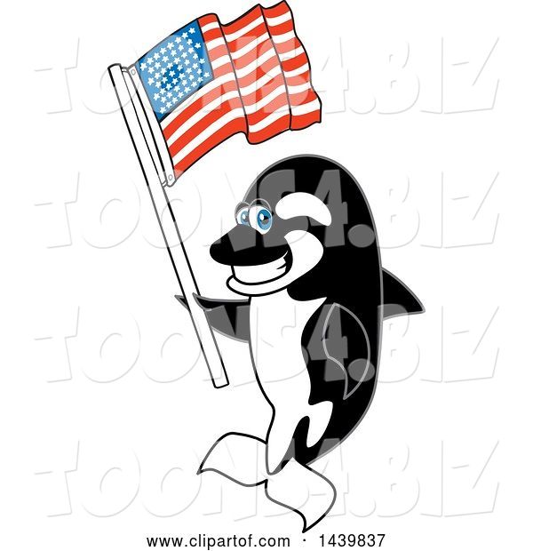 Vector Illustration of a Cartoon Killer Whale Orca Mascot Waving American Flag