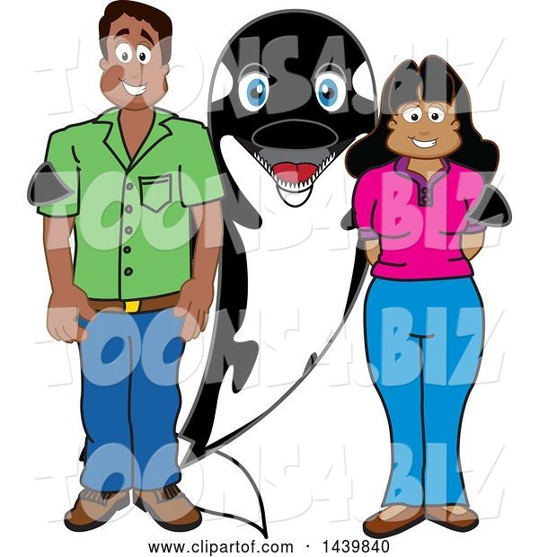 Vector Illustration of a Cartoon Killer Whale Orca Mascot with Happy Parents or Teachers