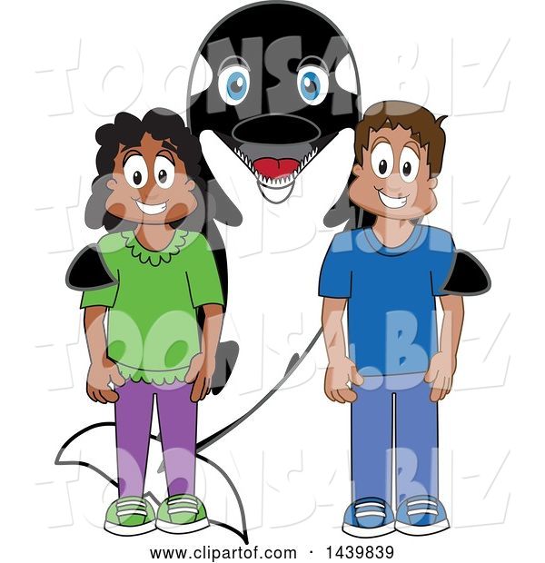Vector Illustration of a Cartoon Killer Whale Orca Mascot with Happy Students