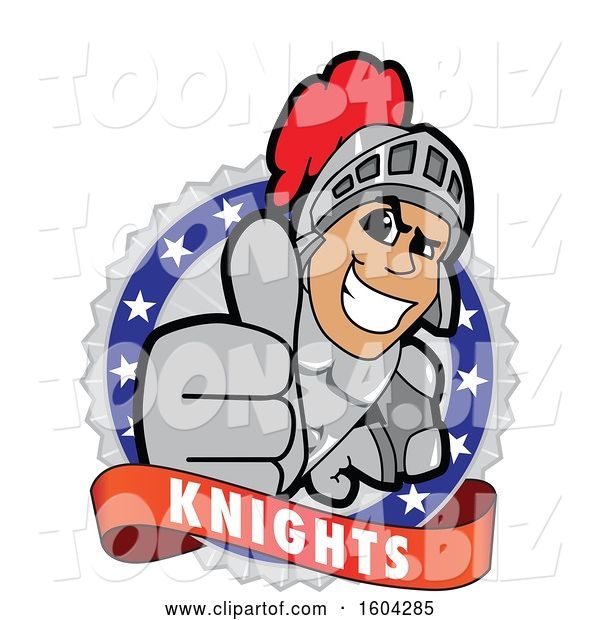 Vector Illustration of a Cartoon Knight Mascot Holding a Thumb up on a Badge