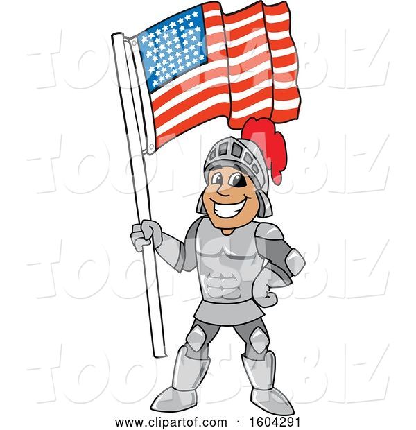 Vector Illustration of a Cartoon Knight Mascot Holding an American Flag