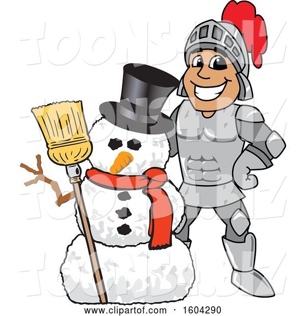 Vector Illustration of a Cartoon Knight Mascot with a Christmas Snowman