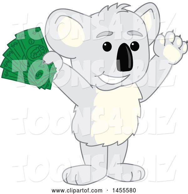Vector Illustration of a Cartoon Koala Bear Mascot Holding up Cash Money