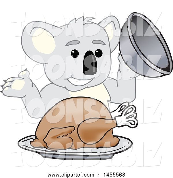 Vector Illustration of a Cartoon Koala Bear Mascot Serving a Roasted Thanksgiving Turkey