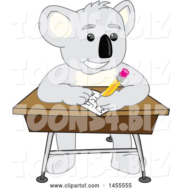 Vector Illustration of a Cartoon Koala Bear Mascot Student Writing at a Desk