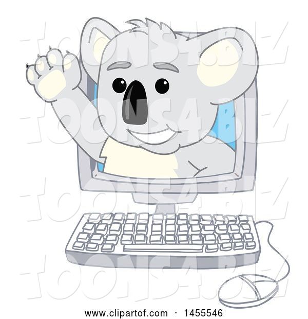 Vector Illustration of a Cartoon Koala Bear Mascot Waving and Emerging from a Computer