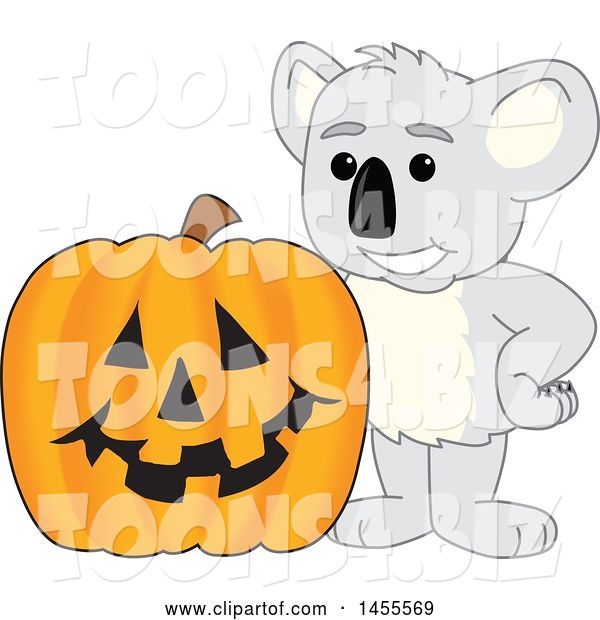 Vector Illustration of a Cartoon Koala Bear Mascot with a Halloween Jackolantern Pumpkin