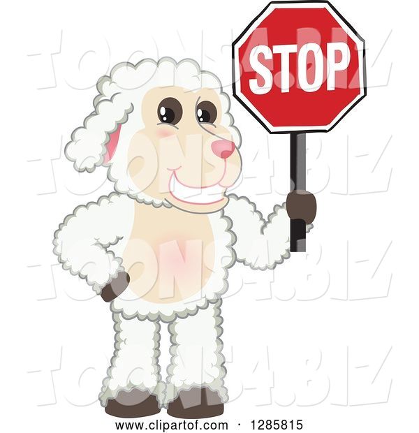 Vector Illustration of a Cartoon Lamb Mascot Holding a Stop Sign