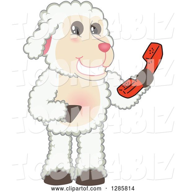 Vector Illustration of a Cartoon Lamb Mascot Holding a Telephone Receiver