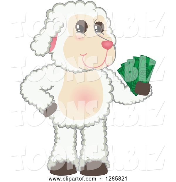 Vector Illustration of a Cartoon Lamb Mascot Holding Cash Money