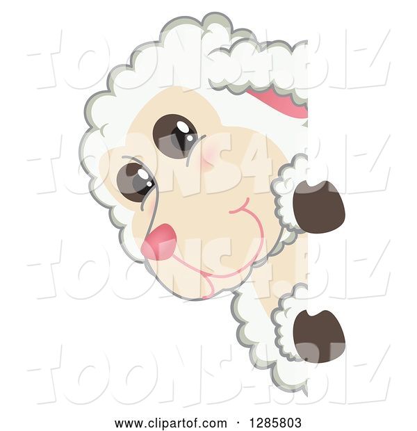Vector Illustration of a Cartoon Lamb Mascot Looking Around a Sign