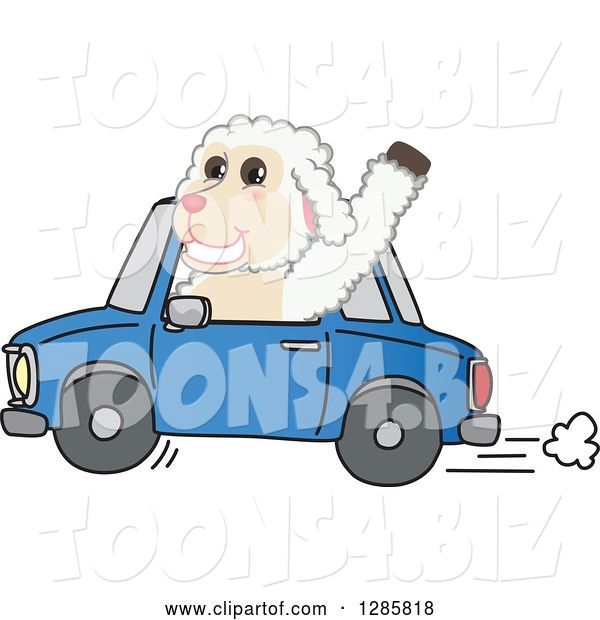 Vector Illustration of a Cartoon Lamb Mascot Waving and Driving a Blue Car
