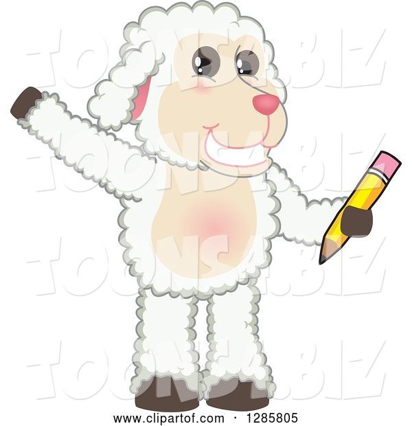 Vector Illustration of a Cartoon Lamb Mascot Waving and Holding a Pencil