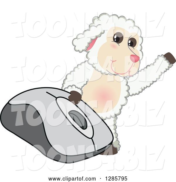 Vector Illustration of a Cartoon Lamb Mascot Waving by a Giant Computer Mouse